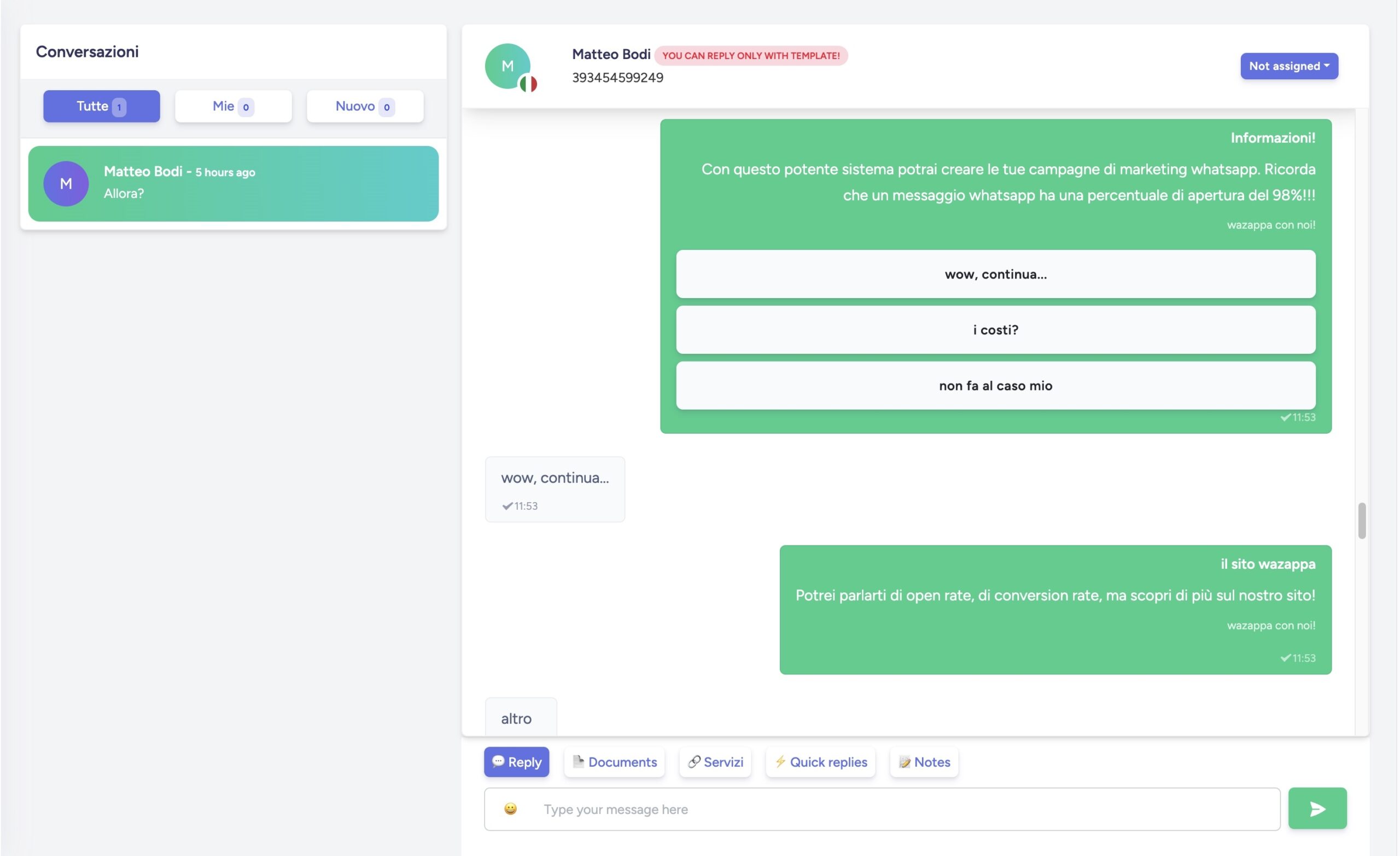 esempio di una chat sulla dashboard di wazappa
