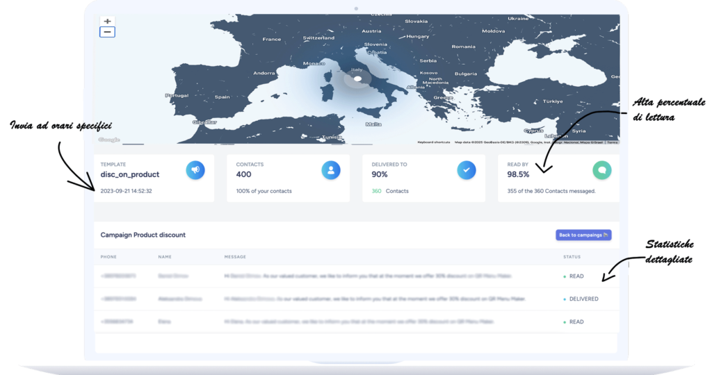immagine della dashboard di whatsappa che mostra la statistica di apertura delle campagne