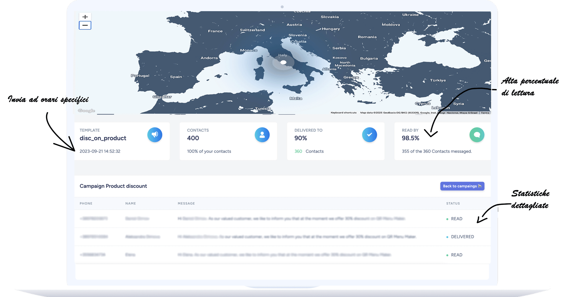 immagine della dashboard di whatsappa che mostra la statistica di apertura delle campagne