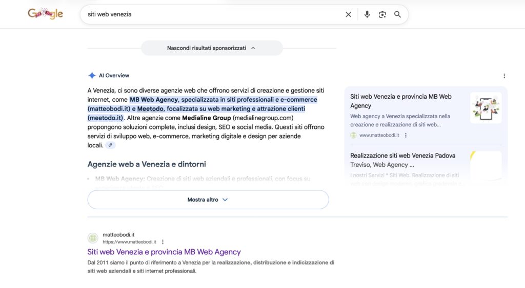 Screenshot che mostra la risposta di gemini per una ricerca su google riguardante "siti web venezia" per dimostrare AI SEO